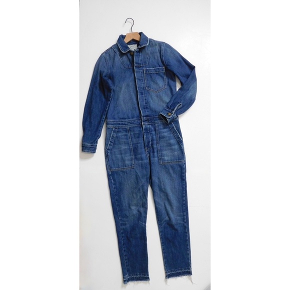 CURRENT/ELLIOTT Basic Jailbird Denim Jumpsuit Coveralls Raw Hems Pockets 0 XS - Picture 3 of 16